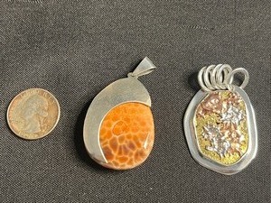 Sterling Silver Pendants - Orange Jasper Cabochon & Gold-Copper Mosaic (Lot of 2) - quarter pictured for sizing
