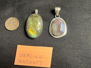 Sterling Silver Oval Pendants - Labradorite & Pink Agate (Lot of 2) - quarter pictured for sizing