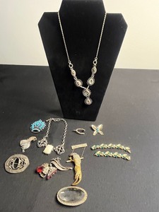 Vintage Jewelry Collection Rhinestone Necklace, Turquoise & Crystal Brooches, Pins - all missing stones or back pins