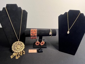 Matching Gold-Tone Coral Floral Bracelet (missing stone) & Earrings AND Matching Necklace & Bracelet w Large Iridescent Crystals & More
