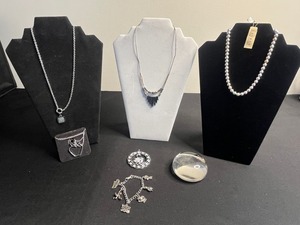 Lot of 3 Necklaces Inc Ralph Lauren, Sarah Coventry & Navika, Swan Pendant, Heart Charm Bracelet - quarter pictured for sizing