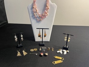 Pink Bead Multi-Strand Necklace with Faux Pearls, Mickey & Minnie Clips, Virgin Mary Charms & Mixed Earrings