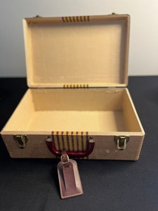 Vintage Travel Jewelry Box - Striped Fabric Exterior, Burgundy Handle, Leather Tag