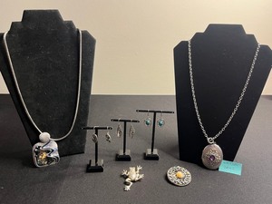 Vintage Silver-Tone Jewelry Set Heart Pendant Necklace, Whiting Davis Locket, Premier Necklace & Turquoise Earrings