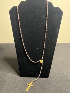 Gold-Tone Rosary Necklace with Pink Beads, Heart Charm & Crucifix Pendant