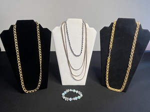 Metal Chain Necklace Lot - 3 Necklaces (one RMN) & Beaded Bracelet (Lot of 4)