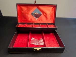 Vintage Black Jewelry Box - Star Pattern Top, Red Velvet Interior & Mirror