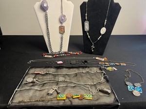 Assorted Trendy Necklaces & Pendants - Agate Slices, Enamel Tiles, Beads in a Display Case