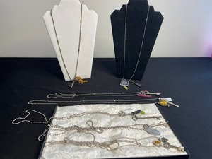 Vintage Key & Charm Necklaces Set with Purple Stamp Pendant & Tassels in Display Case