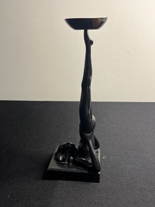 Black Abstract Candlestick Sculpture - Female Figure on Square Base