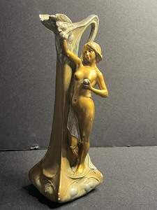 Bronze Finish Nude Female Figure Sculpture with Draped Backdrop - see crack