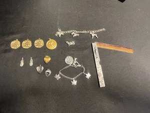 Vintage Jewelry Assortment Maple-Leaf Charm Bracelet, Heart Locket, Engraved Bar & Hair Comb - quarter for scale