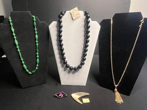 Sarah Coventry Gold-Tone Tassel Necklace, Black Bead Necklace, Green Bead Necklace, Pink Orchid Pendant, KIM Crescent Pin