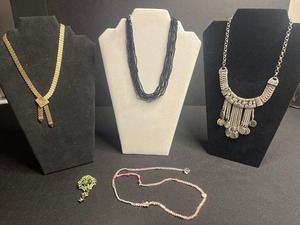 B. David Jewelry Pins w Gold-Tone Chain Necklace, Black Bead Necklace, Ornate Silver Fringe Necklace