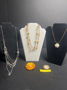 Vintage Jewelry Set Mother-of-Pearl Pin, Rose Pendant Necklace, Amber Bead Necklace