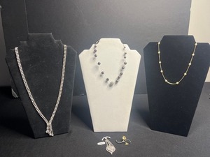 Jewelry Lot 3 Necklaces - Rhinestone, Pearl w Gold Beads (unverified), Black Pearl (unverified), VTG Monet Pendant, Floral Pin