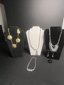 Necklace Set - Gold Disc VCLM Necklace, Dreamcatcher Necklace, Faux Pearl Necklace w Matching Earrings, Rhinestone Necklace