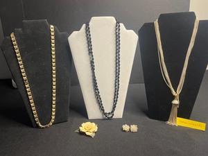 Sarah Coventry Gold-Tone Tassel Necklace, Black Bead Necklaces, Yellow Rose Cruver Chicago Brooch, Crystal Flower Earrings