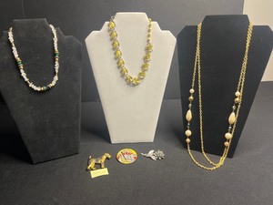 Three Vintage Necklaces Set - Gold-Tone Leaf, Crystal Chip, Bead Chain (Lot of 3), Carolee Dog Pin & More