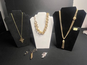 Gold-Tone Necklace Set with Monet Tassel Pendant, VTG Pins, Gold Tone Cross & Bulky Chain Necklaces