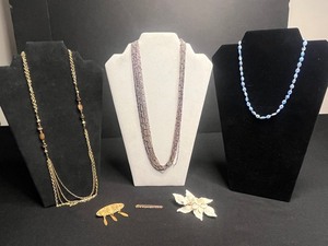 Assorted Necklaces & Jewelry 3 Distinct Necklaces & Floral Brooch & Pins