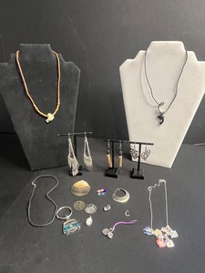 Assorted Costume Jewelry Lot - Avon Cameo Pendant, Orange Bead Necklace, Filigree Earrings