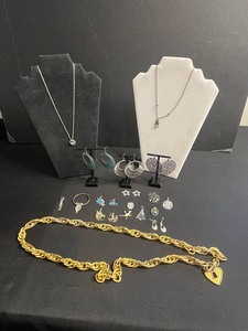 Silver Tone Necklace w Pearl Pendant (unauthenticated), Pendants, Turquoise Mosaic Circle, Assortment of Earrings