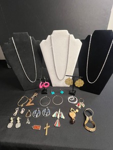 Tiger Eye Pendant & Assorted Costume Jewelry Lot Silver Chains, Enamel Pendants & Colorful Earrings