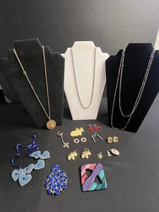 Costume Jewelry Set Coin Pendant Necklace, Silver Tone Chains, Pendants, Earrings, Pins & More