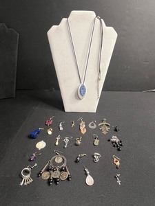 Leaf Pendant Necklace with Blue Enamel - Silver-Tone Leaf Overlay on Black Cord & Assorted SINGLE Earrings