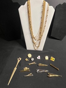 Vintage Costume Jewelry Lot w Layered Gold-Tone Necklace Set with Tie Clips, Pins & Charms