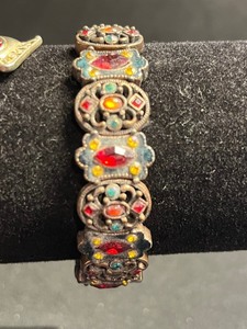 VTG Stretch Bracelets - Enamel Flower-Linked with Gem Accents & Beaded Charm Pieces