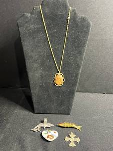 Amber Pendant Necklace on Gold Chain and Assortment of Pendants