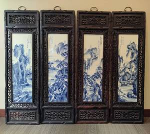 Chinese Mountain River Porcelain Blue & White Carved Wood Large Wall Panels