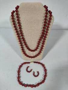 Carved Cinnabar Beaded Necklaces & Earring Set