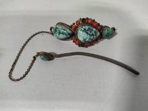 925 Sterling Hair Clip wTurquoise & Coral Beads