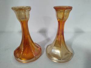Marigold Carnival Glass Candlestick Holders