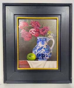 Black Throated Warbler & Tulips Framed Art by Rebecca Nycz