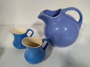 Vintage Homer Laughlin Blue Ice Lip Water Pitcher & Two Smaller Pitchers