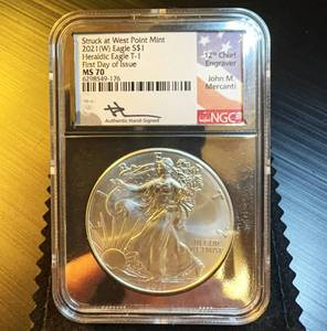 Perfect John Mercanti FDI Silver Foil Edition 2021-W Heraldic Eagle, Type 1, Top Pop MS 70, 1 of 600