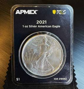 Apmex 2021 Type 1 Silver Eagle, PCGS 1st Strike Eligible, Sealed Holder