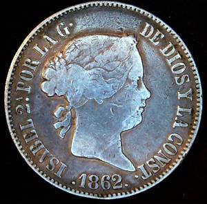 Moderately Scarce 1862 Spain Silver Reales, Beautiful Unaltered Patina, Fine, KM# 611.1
