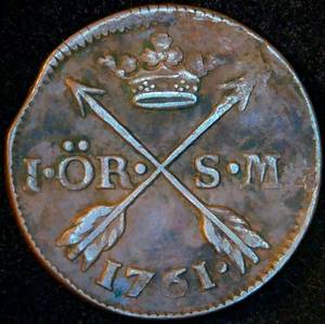 1761 Sweden 1 Ore, Unaltered Surfaces, KM# 460, Clipped Planchet, VF/VF+, 265 yrs old