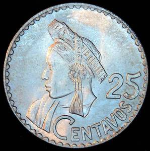 Uncirculated 1963 Guatemala Silver 25 Centavos, Unaltered wNear Full Luster