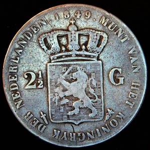 1849 Netherlands Silver 2 12 Gulden, 1st Year, Possible RPD, VGF, .945 Fine, Unaltered