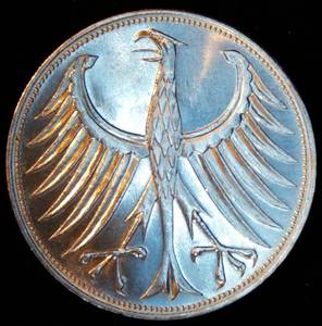 High Grade Uncirculated 1970-D Silver German 5 Deutsche Mark, Full Luster, Lettered Edge