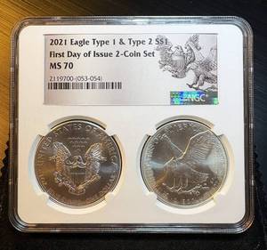 2021 Silver Eagle Two Coin Set, Types 1 & 2, Mint Fresh, FDI, NGC MS 70