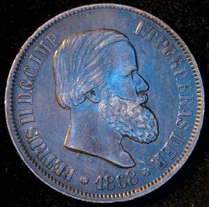 XF 1868 Brazil Empire 20 Ris, Beautiful RedBrown KM# 474