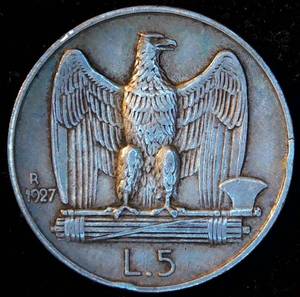 1927-R Italy Silver 5 Lire, VFVF, Edge Lettered, Scarcer KM# 67.2 Variety, Unaltered wGlowing Luster