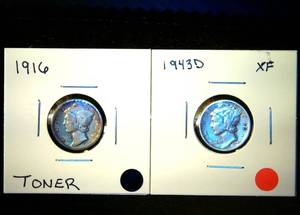 (2) Circulated Mercury Dimes, 1616-P Toner  1943-D